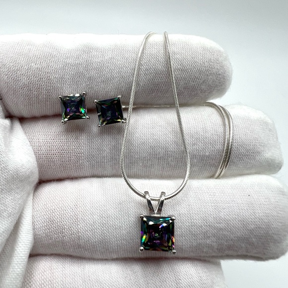 .925 Sterling Silver Rainbow Topaz Cz Necklace & Earring Set - Picture 10 of 16